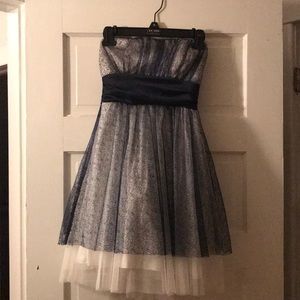 Strapless, navy lace semi-formal dress